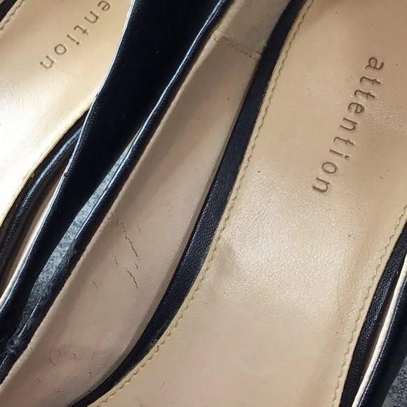 Attention ‘Tyanna’ Black Faux Leather Point Toe Stacked Heel Pumps - Picture 7 of 10